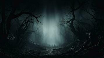 A misty forest with haunting trees shrouded in darkness background with empty space for text photo