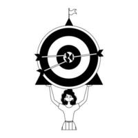 The daughter is holding a target with arrow in the center . skill concept . blacken and white analogue style. Trendy style, Vector Illustration