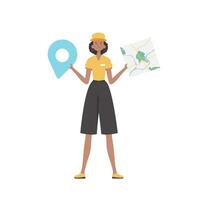 Girl water delivery operator holding a map. The trendy character is depicted in full growth. Isolated. Vector. vector