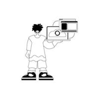 A cartoon man holding a laptop and a mouse vector