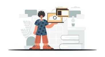 A man holding a laptop and a book vector
