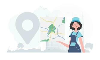 Delivery concept. The girl is holding a map. The stylish character is depicted to the waist. Vector. vector