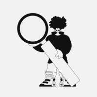 Inspirational man holds a magnifying glass, magnifier in his hands. Linear black and white style. vector