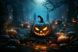 Halloween background with pumpkins and haunted house - 3D render. Halloween background photo