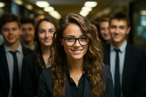 Ai Generative group of happy business man and business women, dressed in suits are smiling, in the office photo