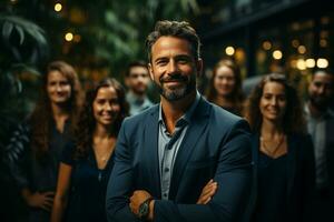 Ai Generative group of happy business man and business women, dressed in suits are smiling, in the office photo