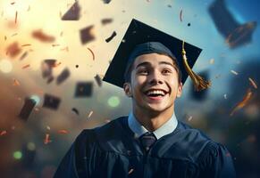 Ai generative Double exposure photo of Young man throwing graduation cap technology background realistic image