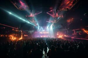 Ai generative Crowded Concert Stage Scenery With Spotlights and Colored Lights realistic image, ultra hd photo