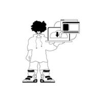 A black and white drawing of a person holding a laptop vector