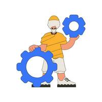 Fashionable Guy holds gears in his hands. Idea theme. vector