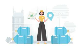 Girl water delivery operator holding a map. The trendy character is depicted in full growth. Vector illustration.