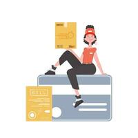 A woman courier sits on a bank card and holds a box. Home delivery concept. Isolated. trendy style. Vector. vector