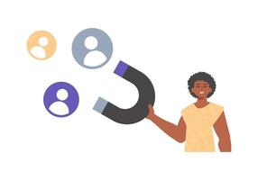 A woman holding a magnet with people on it vector