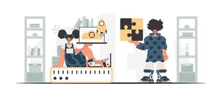 Two people are working on a computer together vector