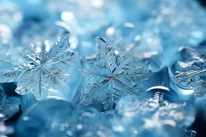 A close-up shot captures intricately detailed snowflakes resting gently on a shimmering icy blue surface photo