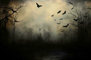 Silent wings cut through the dusky sky as eerie bats emerge from the shadows casting haunting silhouettes on the twilight canvas photo