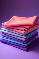 Microfiber cleaning cloths in various colors isolated on a purple gradient background photo
