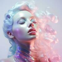 Ethereal beauty in holographic fashion isolated on a pastel gradient background photo