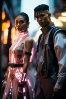 Fashion-forward cyborgs showcasing LED-embedded clothing against radiant futuristic backdrops photo