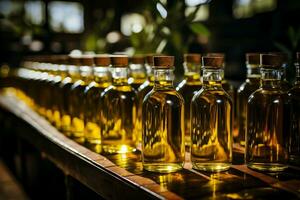 Hand labeling bottles of extra virgin olive oil traditional old fashioned process background with empty space for text photo