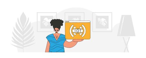 modern character style of a guy sitting on the floor, holding an IoT logo. vector