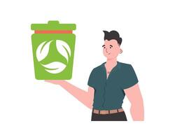 The man is depicted waist-deep and holding a trash can in his hand. The concept of ecology and recycling. Isolated. Trendy character style. Vetcor. vector