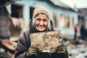 Vagabundo antiguo mujer participación un cartulina casa foto