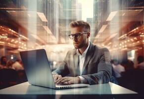 Ai generative double exposure photo of a business man using laptop on his desk front view office background realistic image, ultra hd, high design very detailed