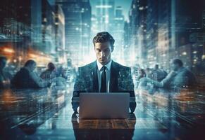 Ai Generative double exposure photo of a business man using laptop on his desk front view office background