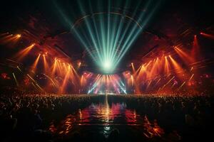 Ai generative Crowded Concert Stage Scenery With Spotlights and Colored Lights realistic image, ultra hd photo