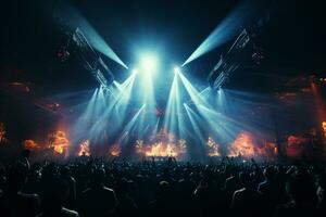 Ai generative Crowded Concert Stage Scenery With Spotlights and Colored Lights realistic image, ultra hd photo