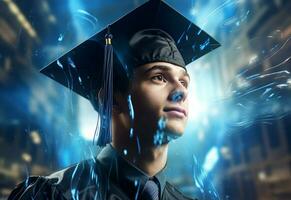 ai generativo doble exposición foto de joven hombre con graduación gorra tecnología antecedentes realista imagen