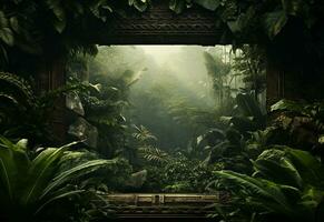 Beautiful jungle background with border made of tropical leaves backdrop with copy space photo