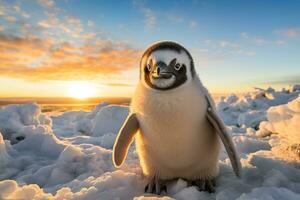 retrato de un animado pingüino en un Nevado escena con un sereno puesta de sol fondo foto
