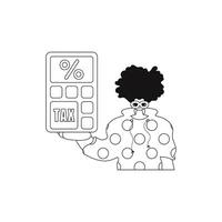 Man holds calculator. Linear. image. vector