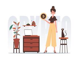 The concept of mining and extraction of bitcoin. A woman holds a bitcoin coin in her hands. Character in modern trendy style. vector