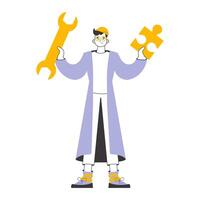 The guy is holding a wrench and a puzzle. Teamwork theme. Linear trendy style. Isolated. . vector