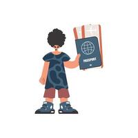 The individual holds a visa and see at tickets in his hands. Kept on white establishment. Trendy style, Vector Illustration