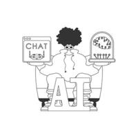 A cartoon man sitting on a chair with a laptop and a sign that says chat vector