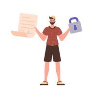 A man holds a contract or document in his hands. Smart contract concept. Data protection. Trend style character. vector