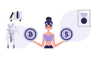 el concepto de minería y extracción de bitcoin un mujer sostiene un moneda de bitcoin y dólar en su manos. personaje con un moderno estilo. vector