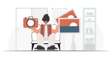 The individual holds a camera and photos in his hands. The concept of rest and travel. Trendy style, Vector Illustration