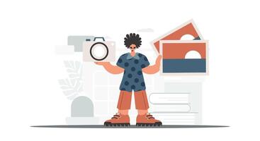 The person holds a camera and photographs in his hands. The concept of rest and travel. Trendy style, Vector Illustration