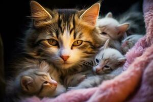 A heartwarming moment captured as a mother cat cuddles with her adorable newborn kittens in their cozy home photo