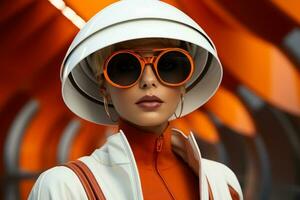 Space age models showcasing futuristic accessories background with empty space for text photo