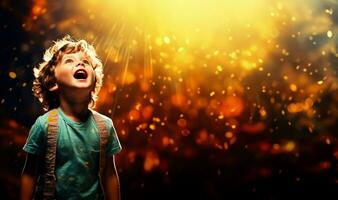 A child boldly reciting on stage isolated on a spotlight gradient background photo