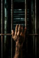 Hand reaching out from behind bars desolate background with empty space for text photo