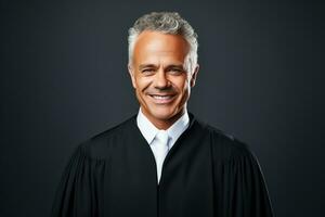 exitoso masculino juez sonriente a el cámara aislado en pastel antecedentes foto