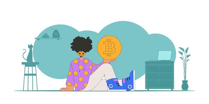 The guy is holding a bitcoin coin. The concept of interaction with digital monetary assets. vector