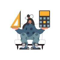 The energetic lady holds a ruler and a calculator in her hands, kept on a white foundation. Trendy style, Illustration vector